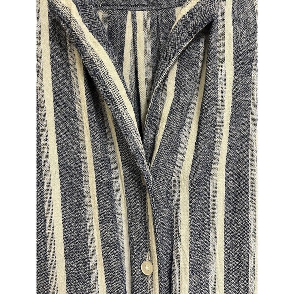 LOFT Linen Blend Romper Size 0 Blue Striped Sleeveless Drawstring Button Beach - Picture 7 of 11